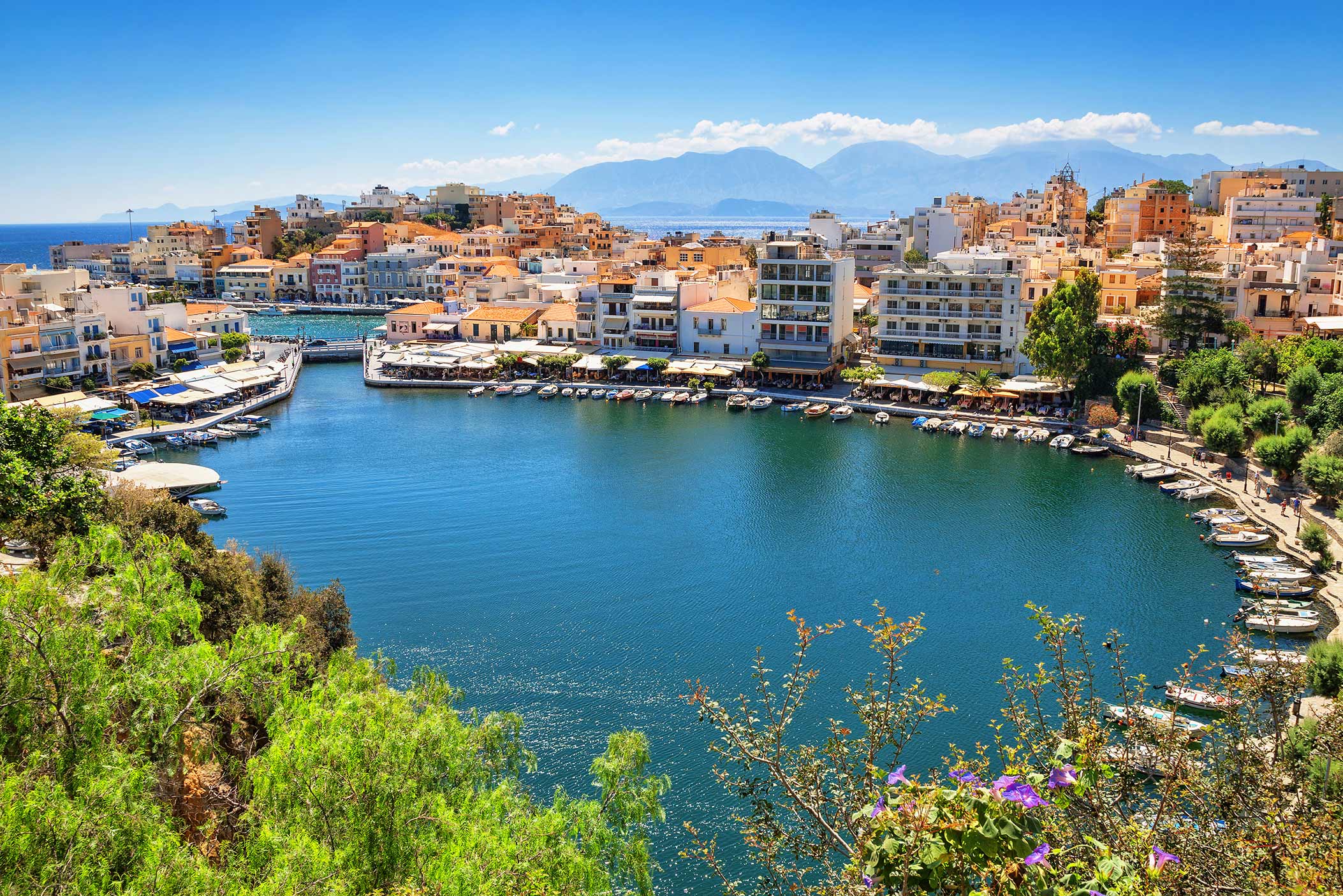 view of Agios Nikolaos, Crete with boats 