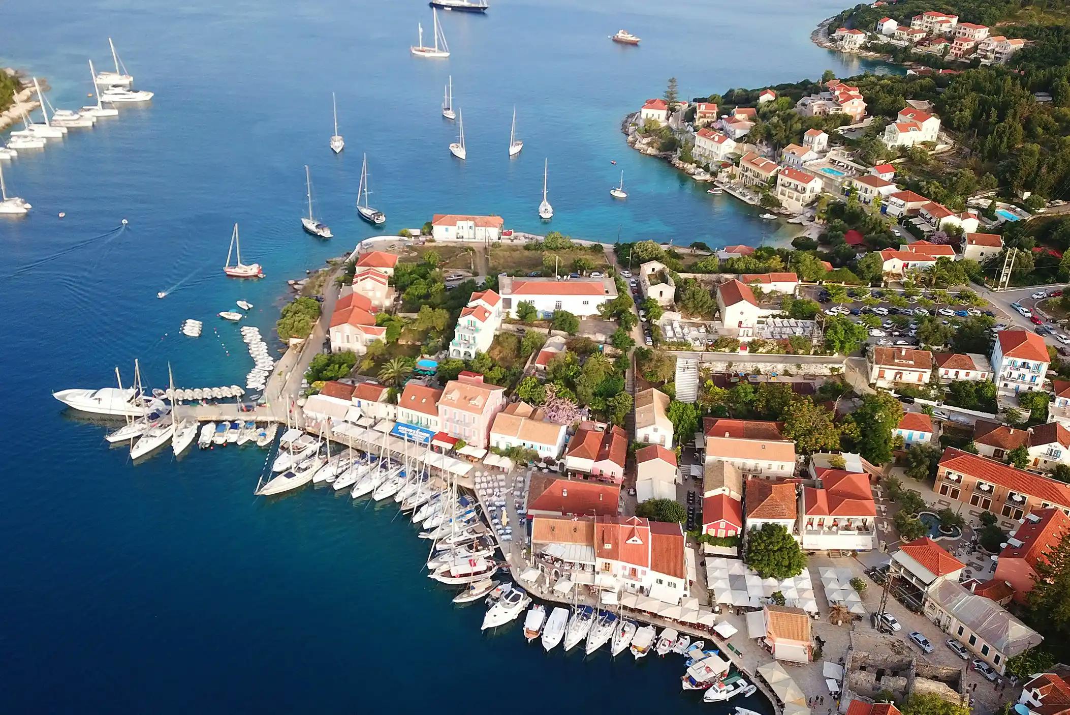 Aerial view of Cephalonia Fiskardo yachts